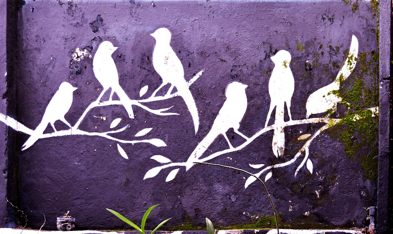 Home birds, nature, mural, graffiti, wall, painting, decoration, animal, wall art, black, white, decorative, lilac animals, lilac art, lilac wall, lilac birds, lilac painting, lilac paint